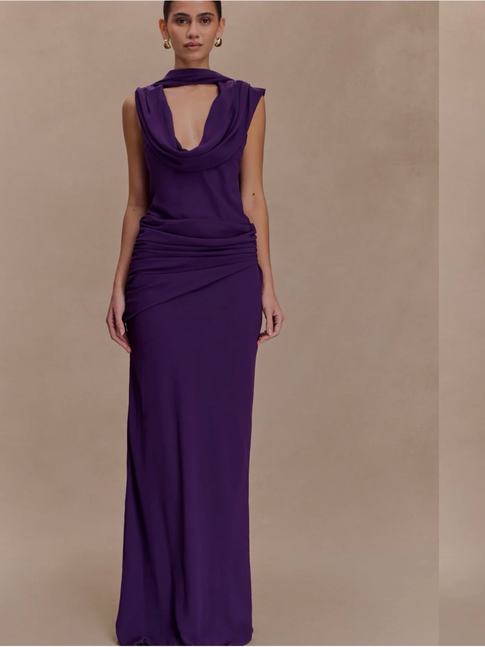 Meshki Giulia Purple Cowl-Neck Ruched Maxi Dress